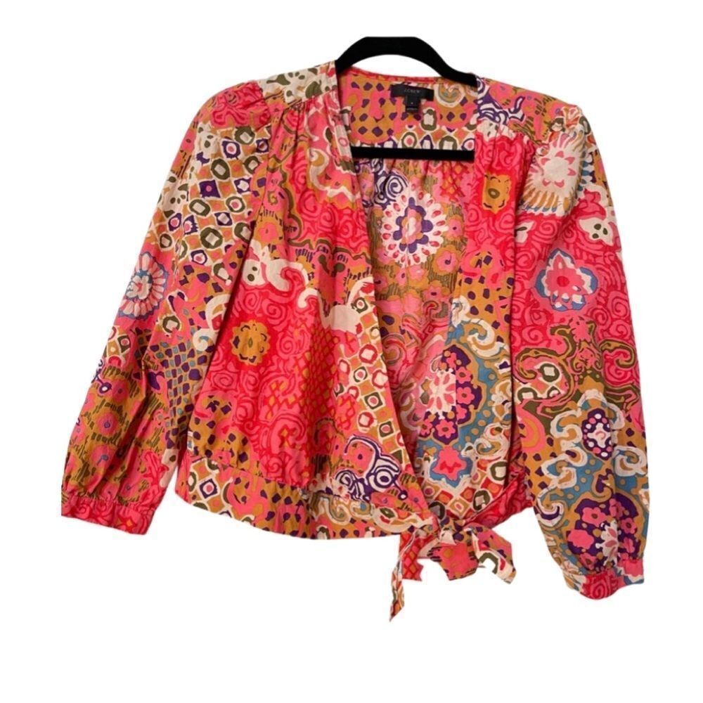 J. Crew Pink Paisley Vibrant Pink Orange Floral Wrap Bow Cropped Blouse size s